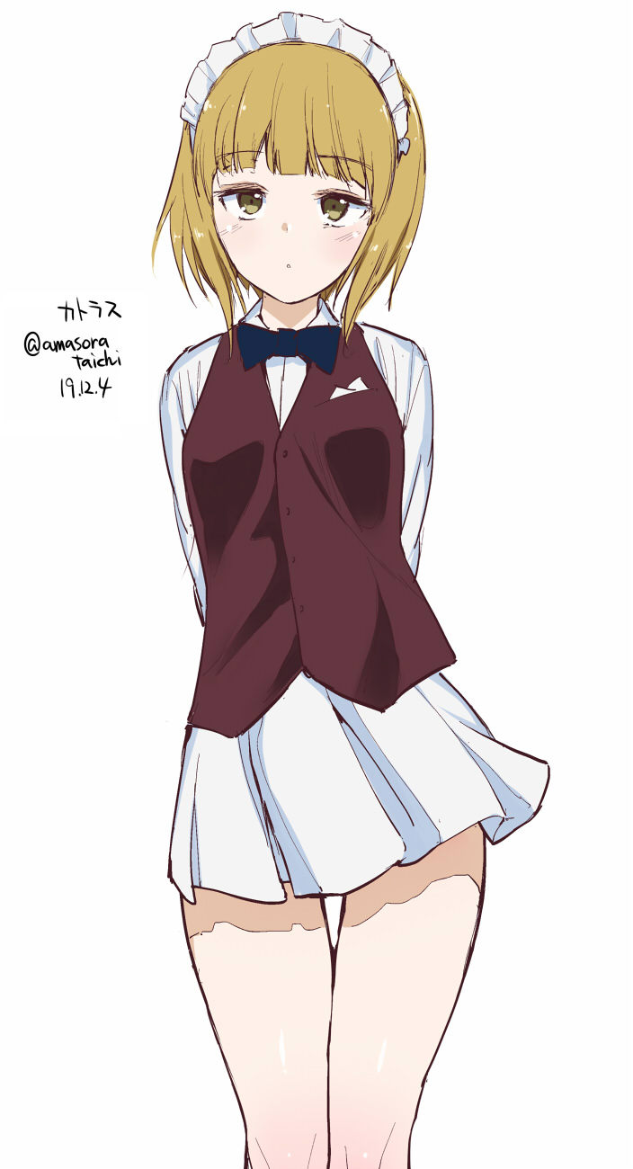 1girl amasora_taichi arms_behind_back bangs bartender black_neckwear blonde_hair blunt_bangs bow bowtie brown_vest character_name closed_mouth commentary_request cutlass_(girls_und_panzer) dated dress_shirt eyebrows_visible_through_hair girls_und_panzer handkerchief highres light_blush long_sleeves looking_at_viewer maid_headdress miniskirt partial_commentary pleated_skirt school_uniform shirt short_hair skirt solo standing twitter_username vest white_shirt white_skirt wing_collar yellow_eyes