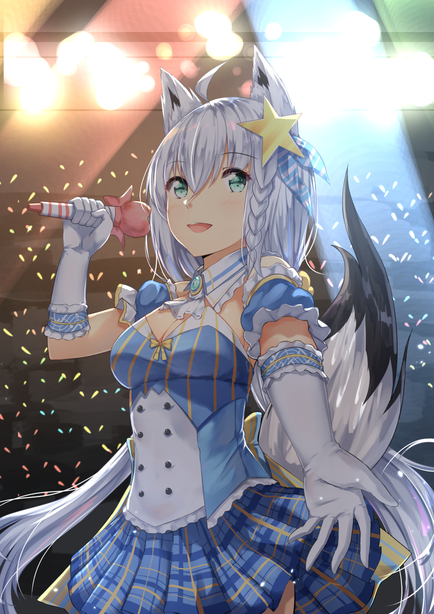 1girl :d ahoge animal_ear_fluff animal_ears aqua_eyes ascot back_bow bangs blue_dress blue_skirt bow braid breasts brooch chahei cleavage commentary_request cowboy_shot crossed_bangs detached_collar detached_sleeves dress elbow_gloves eyebrows_visible_through_hair fox_ears fox_girl fox_tail gloves glowstick hair_ornament hair_ribbon highres holding holding_microphone hololive idol idol_clothes jewelry long_hair medium_breasts microphone open_mouth plaid plaid_skirt puffy_detached_sleeves puffy_sleeves reaching_out ribbon shirakami_fubuki side_braid skirt smile solo spotlight stage stage_lights star star_hair_ornament tail virtual_youtuber white_gloves white_hair
