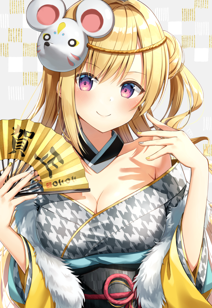 1girl bangs blonde_hair blush breasts cleavage closed_mouth collarbone commentary_request detached_collar eyebrows_visible_through_hair fan folding_fan fur_trim grey_kimono hair_bun holding holding_fan japanese_clothes kimono long_hair long_sleeves looking_at_viewer mask mask_on_head medium_breasts mouse_mask nail_polish nonono obi open_clothes original patterned_clothing purple_eyes sash side_bun smile solo upper_body wide_sleeves yellow_nails yukata