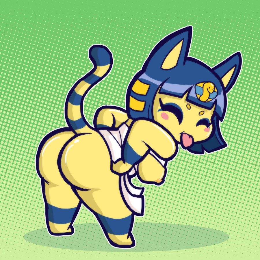 animal_crossing ankha_(animal_crossing) anthro big_breasts big_butt blue_hair blush blush_stickers breasts butt clothed clothing domestic_cat egyptian eyes_closed felid feline felis female fur hair looking_back mammal mooning nintendo nipples presenting presenting_hindquarters runeechan short_stack solo standing thick_thighs tongue tongue_out undressing video_games wide_hips yellow_body yellow_fur