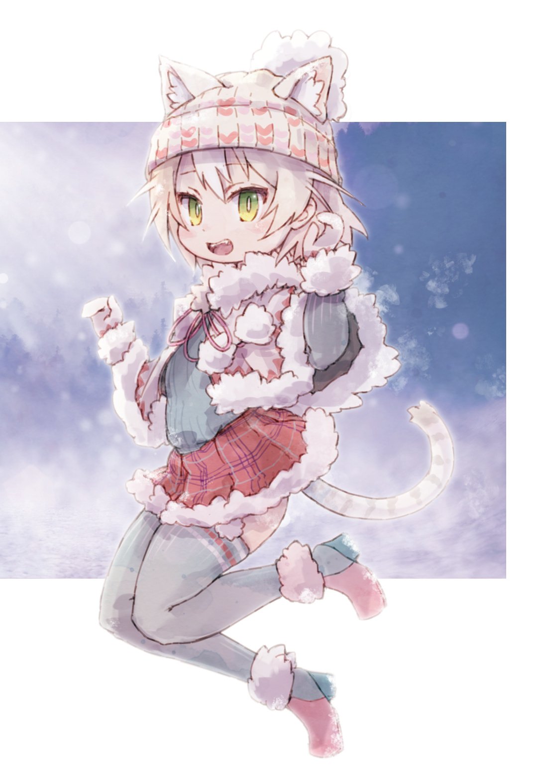 1girl animal_ear_fluff animal_ears bangs beanie blue_background blush boots capelet cat_(kemono_friends) cat_ears cat_tail drawstring extra_ears eyebrows_visible_through_hair fang fangs fur-trimmed_capelet fur-trimmed_skirt fur_collar fur_trim gloves green_eyes green_legwear hat heart heart_print highres jumping kemono_friends kolshica long_sleeves multicolored multicolored_background multicolored_footwear open_mouth outdoors plaid plaid_skirt pom_pom_(clothes) red_skirt short_hair skirt solo tail thighhighs white_background white_gloves white_hair white_hat winter_clothes zettai_ryouiki