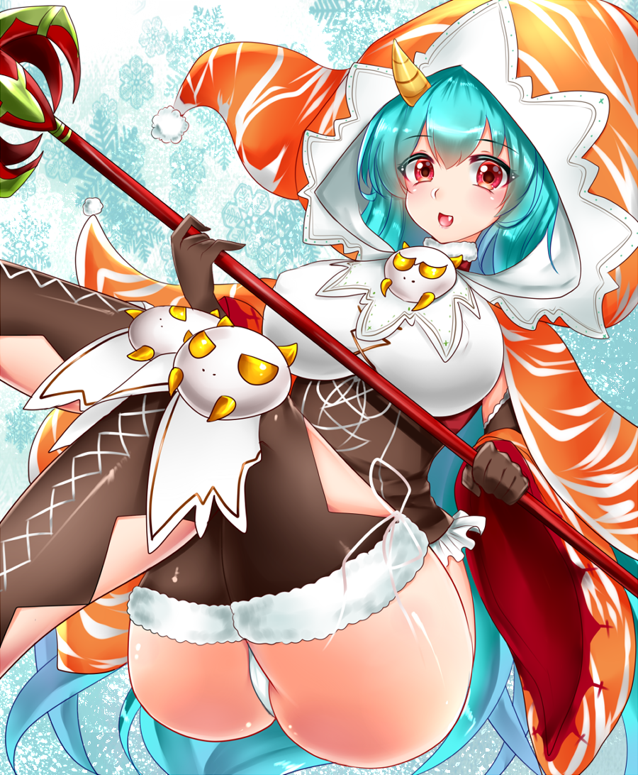 1girl :d ao_(ao_10bx) aqua_hair ass blue_background breasts brown_gloves brown_legwear cropped_legs detached_sleeves fang flower_knight_girl gloves holding holding_staff hood horn large_breasts oniyuri_(flower_knight_girl) open_mouth orange_sleeves panties red_eyes shiny shiny_skin short_hair smile snowflakes solo staff thighhighs underwear white_panties