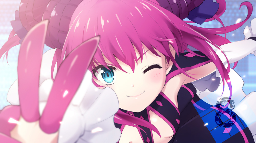 1girl blue_eyes blush claws close-up countdown danemaru detached_sleeves elizabeth_bathory_(fate) elizabeth_bathory_(fate)_(all) face fate/extra fate/extra_ccc fate/grand_order fate_(series) frilled_sleeves frills horns long_hair looking_at_viewer one_eye_closed pink_hair pointy_ears solo twintails v