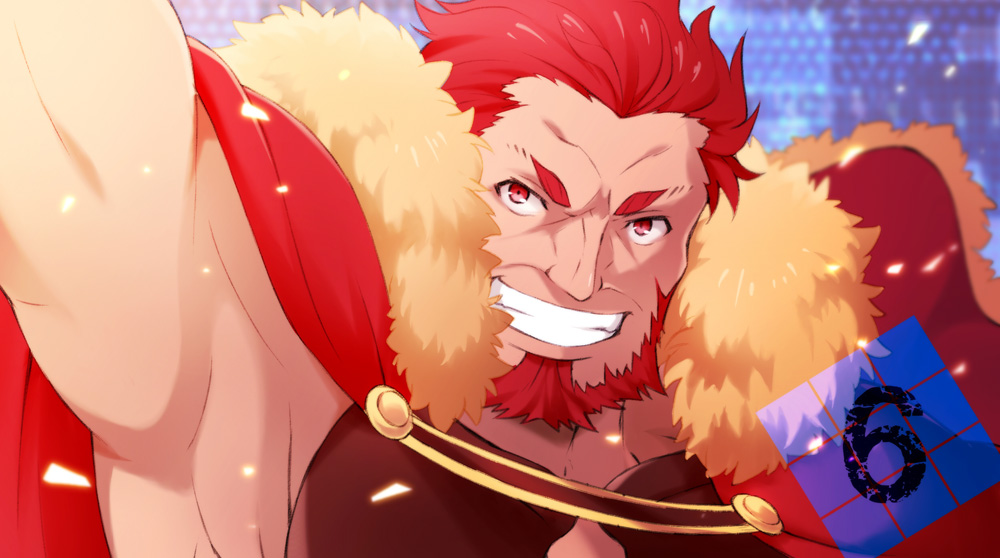 1boy arm_up armor armpits beard cape cleavage_cutout close-up countdown danemaru face facial_hair fate/grand_order fate/zero fate_(series) grin leather_armor male_focus red_eyes red_hair rider_(fate/zero) smile solo