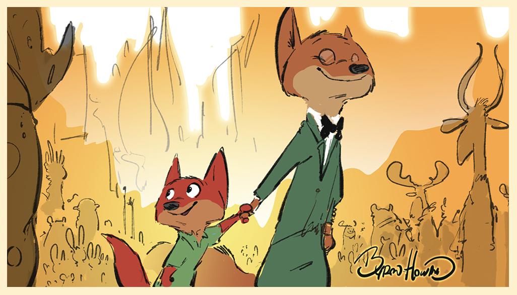 anthro border brown_body brown_fur building byron_howard canid canine city clothed clothing concept_art crowd disney duo_focus fox fully_clothed fur group john_wilde mammal nick_wilde official_art outside red_body red_fox red_fur tan_border young zootopia