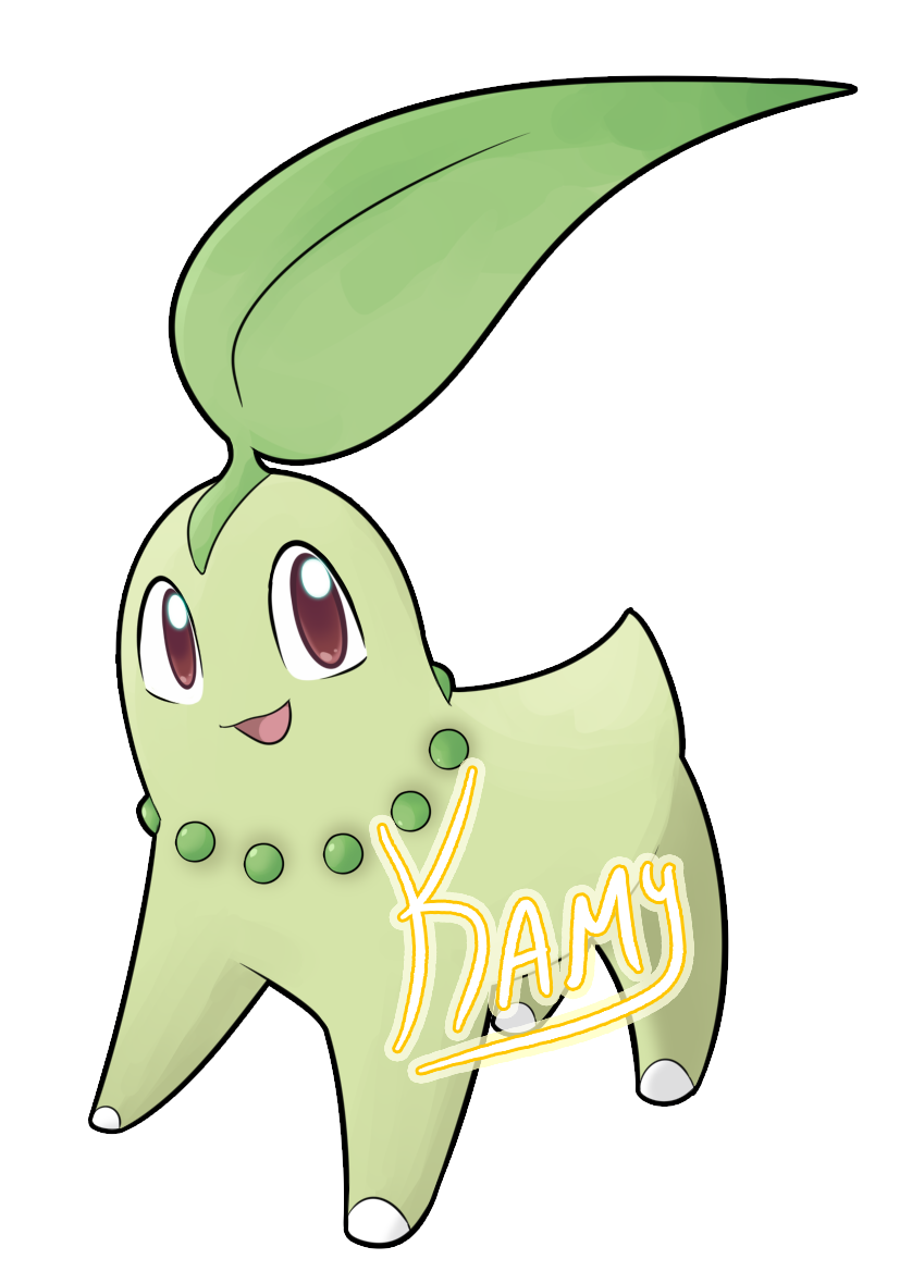 2019 alpha_channel chikorita digital_media_(artwork) feral flora_fauna green_body kamiraexe leaf looking_at_viewer nintendo open_mouth open_smile outline plant pok&eacute;mon pok&eacute;mon_(species) red_eyes simple_background smile solo standing transparent_background video_games watermark