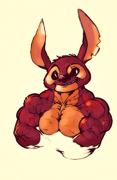 2011 alien big_muscles black_eyes disney experiment_(lilo_and_stitch) fur furry_(artist) grin lilo_and_stitch long_ears male muscular muscular_male notched_ear red_body red_fur scar simple_background smile solo vein yellow_background