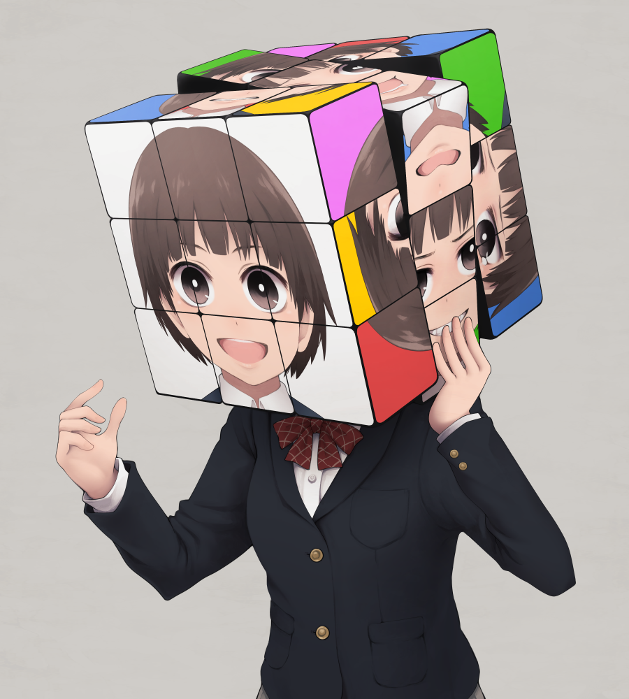 1girl :d bangs blazer bow bowtie breast_pocket brown_eyes brown_hair buttons covered_face furrowed_eyebrows grin hands_up heart heart-shaped_pupils jacket long_sleeves open_mouth original photo_(object) pocket rubik's_cube short_hair smile solo symbol-shaped_pupils yajirushi_(chanoma)