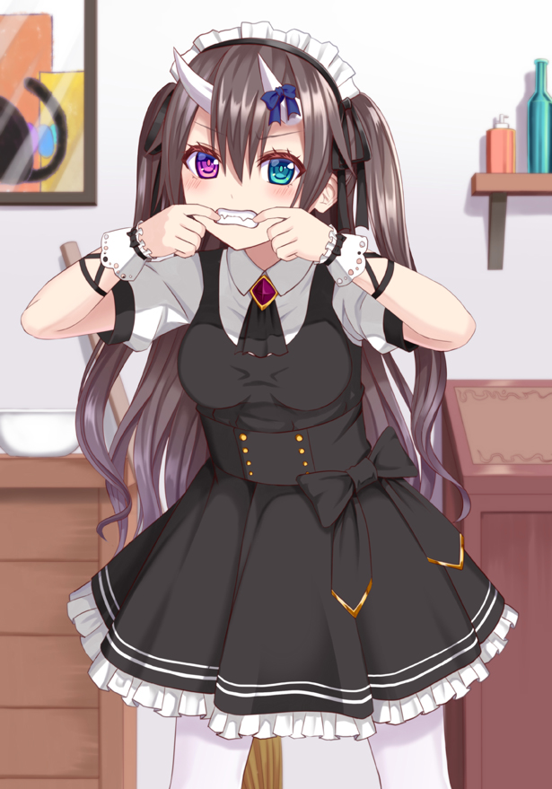 1girl bangs black_bow black_dress black_ribbon blue_bow blush bow brown_hair clenched_teeth collared_shirt commentary_request dress eyebrows_visible_through_hair fangs finger_in_mouth frilled_dress frills green_eyes hair_between_eyes hair_ribbon heterochromia horn_bow horns indoors long_hair looking_at_viewer maid_headdress original pantyhose pleated_dress puffy_short_sleeves puffy_sleeves purple_eyes ribbon shirt short_sleeves sleeveless sleeveless_dress solo standing teeth tsukino_neru two_side_up very_long_hair white_legwear white_shirt wrist_cuffs