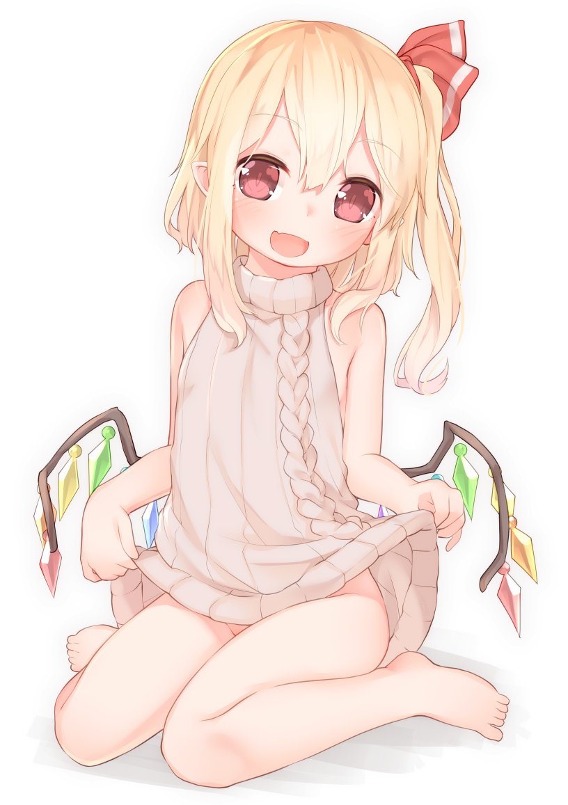 1girl barefoot blonde_hair commentary_request fang flandre_scarlet hair_ribbon long_hair looking_at_viewer naked_sweater one_side_up open_mouth pointy_ears red_eyes red_ribbon ribbed_sweater ribbon sakurea simple_background skin_fang sleeveless sleeveless_turtleneck smile solo sweater touhou turtleneck turtleneck_sweater white_background wings