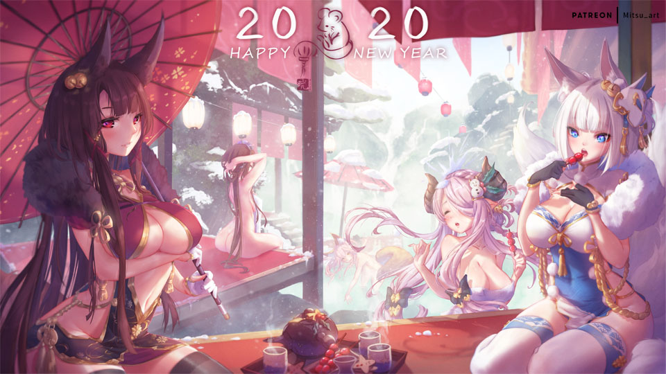 5girls adjusting_hair akagi_(azur_lane) animal_ear_fluff animal_ears arm_under_breasts artist_logo artist_name ass azur_lane back background_text bangs bare_shoulders beach_umbrella bell black_gloves black_legwear blue_eyes blunt_bangs blush braid breasts brown_hair brown_scarf china_dress chinese_clothes cleavage cleavage_cutout commentary_request covered_navel crossover crown_braid cup double_bun draph dress eating eyeliner fate/grand_order fate_(series) fingerless_gloves fox_ears fox_mask gloves granblue_fantasy hair_bell hair_ornament hair_over_one_eye hands_in_hair hill holding holding_umbrella horns jingle_bell kaga_(azur_lane) lantern large_breasts long_hair looking_down makeup mask mask_on_head midriff mitsu_(mitsu_art) multiple_girls multiple_tails naked_towel narmaya_(granblue_fantasy) navel nude onsen open_mouth oriental_umbrella outdoors paper_lantern patreon_username pelvic_curtain pink_hair red_eyes red_umbrella rosetta_(granblue_fantasy) scarf short_dress short_hair sidelocks sitting snow snowball snowing stairs steam tagme tail tamamo_(fate)_(all) tamamo_no_mae_(fate) teacup teapot thighhighs towel translated umbrella very_long_hair wading water white_gloves white_hair white_legwear white_scarf wince winter yokozuwari