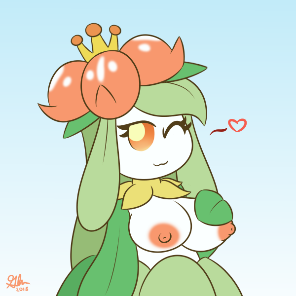 2018 anthro anthrofied areola big_breasts breasts clothed clothing digital_media_(artwork) female flora_fauna glimglam humanoid lilligant looking_at_viewer nintendo nipples not_furry one_eye_closed plant pok&eacute;mon pok&eacute;mon_(species) simple_background smile solo standing topless video_games wink