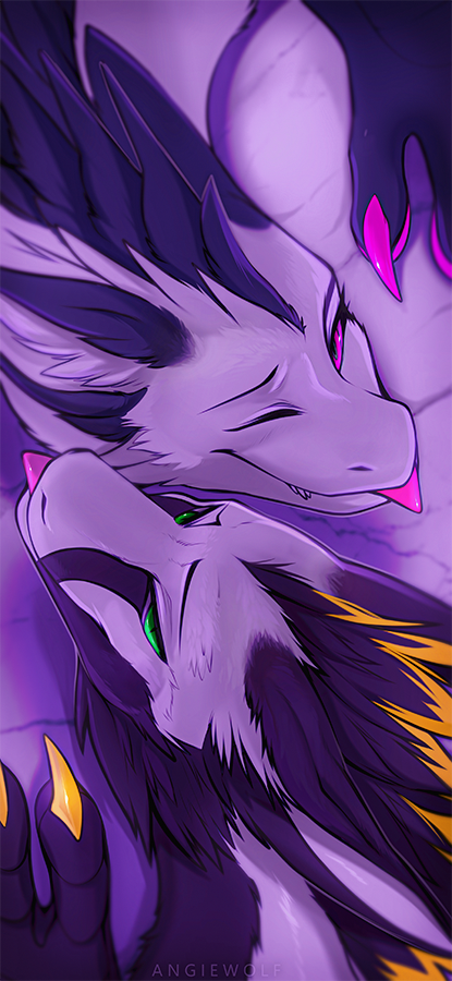 angiewolf claws digital_media_(artwork) dragon duo eyebrows eyelashes feral fur furred_dragon green_eyes pink_eyes purple_eyes tongue tongue_out