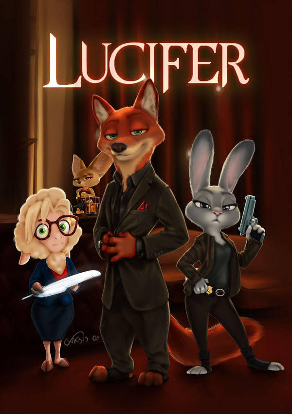 2018 aksis anthro bovid canid canine caprine clothed clothing crossover dawn_bellwether disney eyewear female fennec finnick fox fully_clothed fur glasses green_eyes grey_body grey_fur group holding_gun holding_object holding_weapon inside jacket judy_hopps lagomorph leporid lucifer_(series) mammal nick_wilde orange_body orange_fur pink_nose pose rabbit red_fox sheep standing tan_body tan_fur topwear weapon zootopia