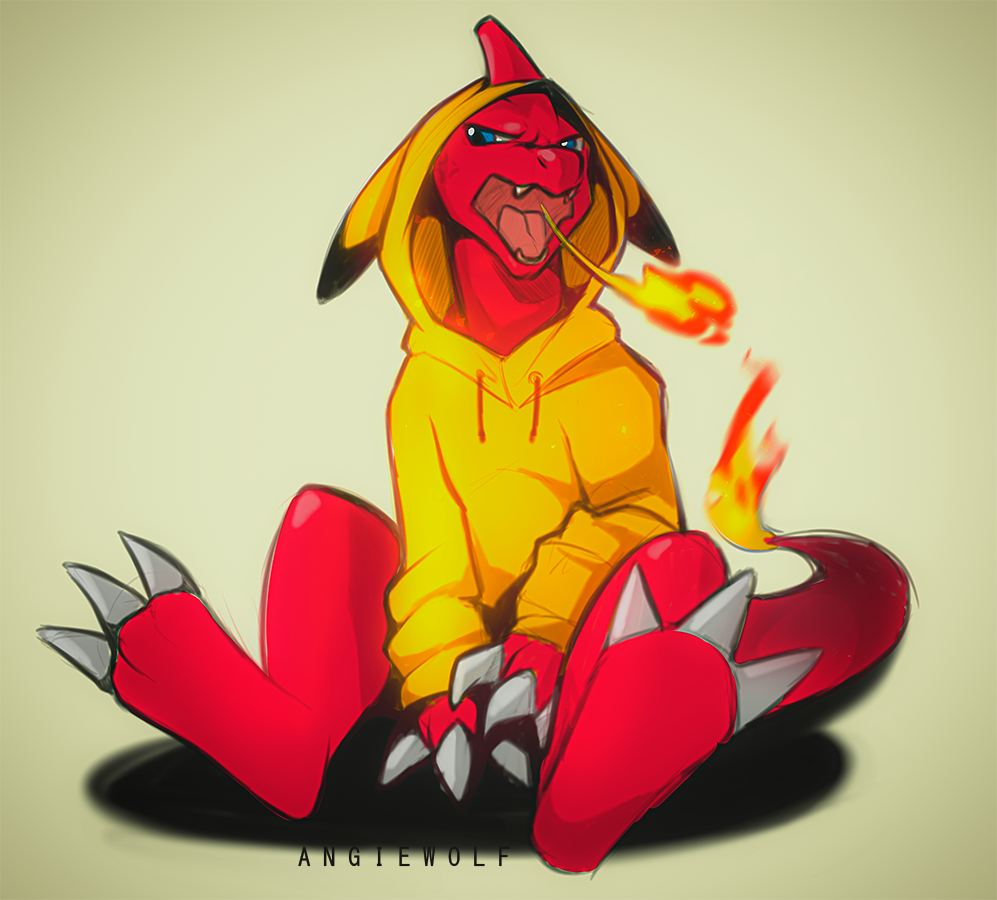 3_fingers 3_toes angiewolf blue_eyes breath_powers charmeleon claws clothing digital_media_(artwork) fangs finger_claws fingers fire fire_breathing flaming_tail hoodie horn looking_aside nintendo open_mouth pok&eacute;mon pok&eacute;mon_(species) red_body red_scales scales semi-anthro sitting solo teeth toe_claws toes tongue topwear video_games white_claws yellow_hoodie