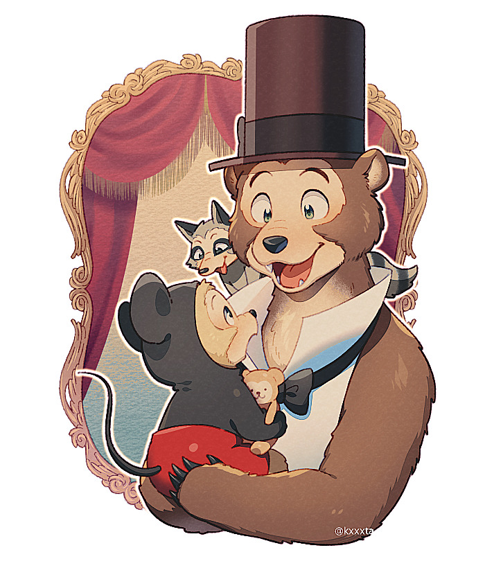 2020 anthro bow_tie brown_body brown_fur clothing country_bear_jamboree disney feral fur group hat headgear headwear kxxxta mammal procyonid raccoon ursid young