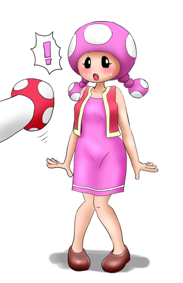 ! blush bodily_fluids breasts clothed clothing female fungus humanoid mammal mario_bros mushroom nintendo not_furry open_mouth orca_(artist) simple_background solo standing surprise sweat toad_(mario) toadette tongue video_games white_background