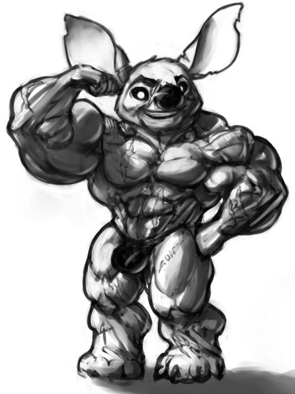 2012 4_toes alien biceps bulge clothing disney experiment_(lilo_and_stitch) fan_character flexing furry_(artist) greyscale grin hand_on_hip lilo_and_stitch looking_at_viewer male monochrome muscular muscular_male notched_ear pecs scar short_stack simple_background smile solo standing stray_(furry) thong toes triceps underwear white_background