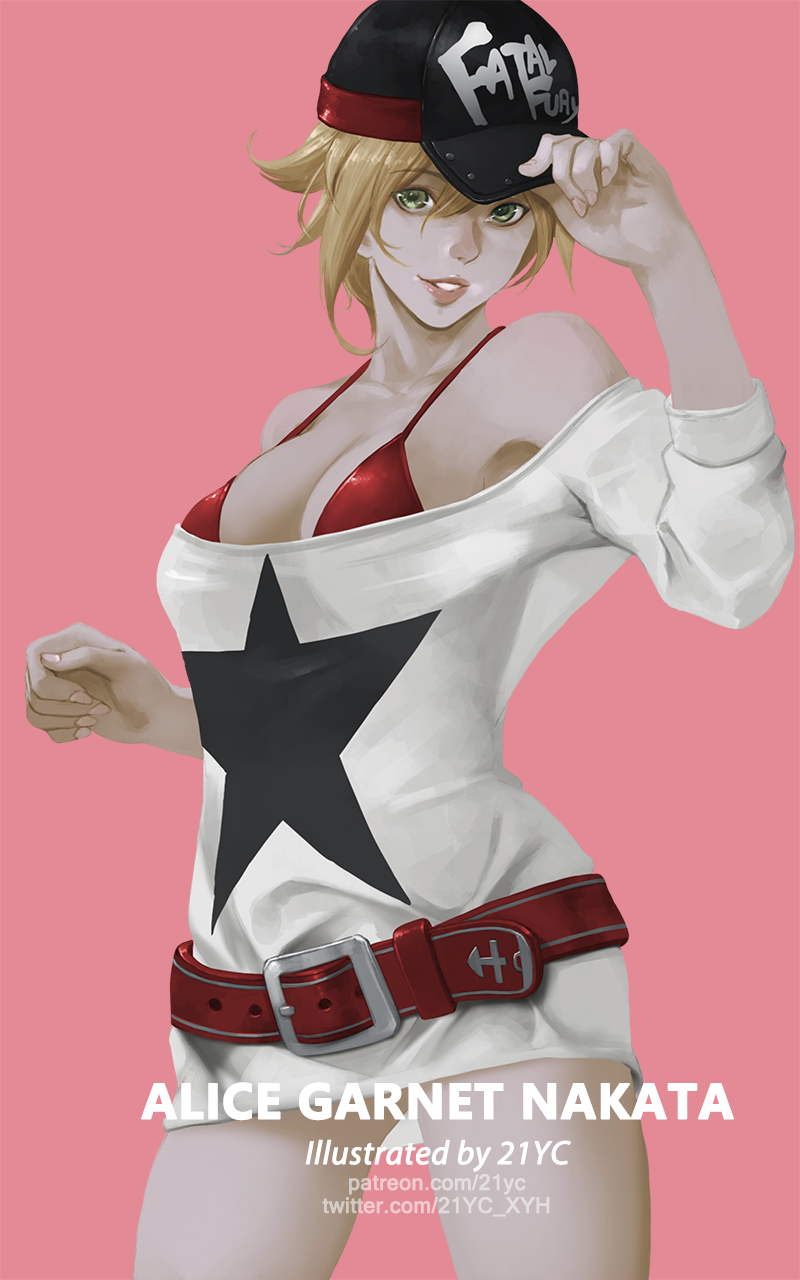 1girl 21yc_(september_breeze) alice_garnet_nakata bare_shoulders blonde_hair breasts cleavage commentary_request fatal_fury green_eyes hat highres large_breasts looking_at_viewer open_mouth short_hair simple_background smile solo the_king_of_fighters