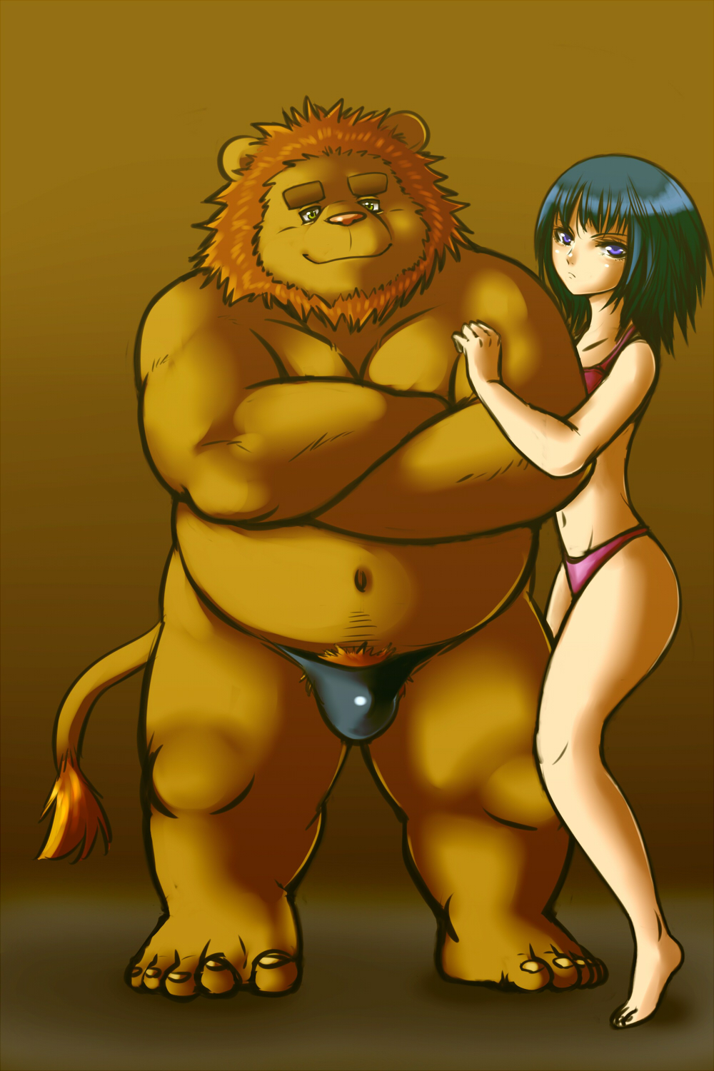 2012 anthro arufina_w bulge clothing duo felid female female_on_anthro hi_res human human_on_anthro humanoid_hands interspecies lion male male/female mammal musclegut muscular muscular_male navel overweight overweight_male pantherine pubes simple_background underwear