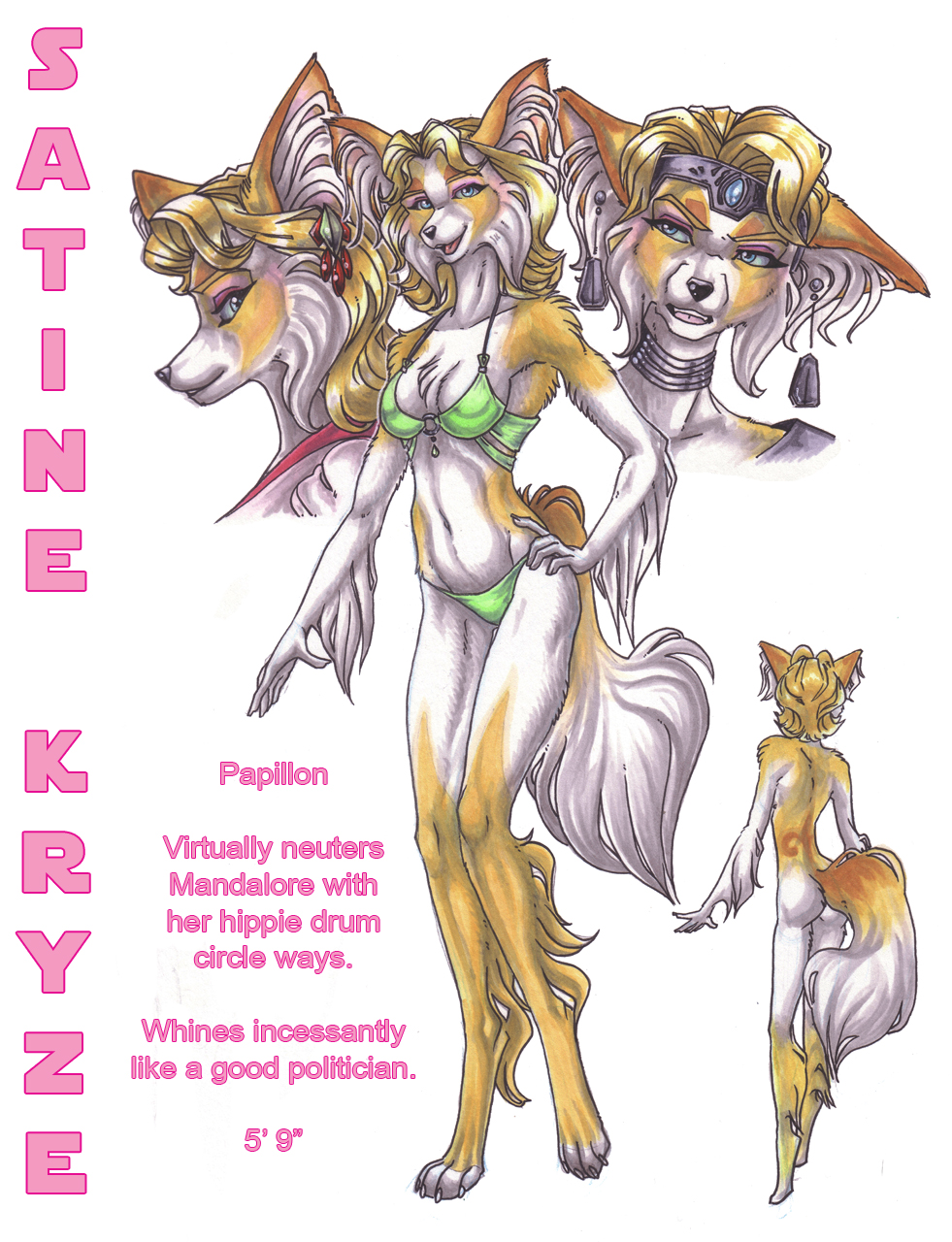 barefoot bikini blonde_hair bottomwear breasts canid canine clothing ear_piercing ear_ring female fluffy fluffy_tail hair headgear headwear hi_res mammal model_sheet piercing smile star_wars swimwear topwear wielder