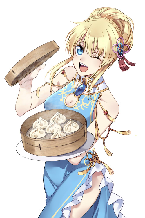 1girl ;d blonde_hair blue_dress blue_eyes breasts cleavage cleavage_cutout collarbone cowboy_shot dress floating_hair hair_between_eyes hair_over_one_eye holding holding_plate kirimi_maguro lilith_aileron long_hair looking_at_viewer medium_breasts one_eye_closed open_mouth plate side_slit sidelocks simple_background sleeveless sleeveless_dress smile solo standing tales_of_(series) tales_of_destiny tied_hair white_background