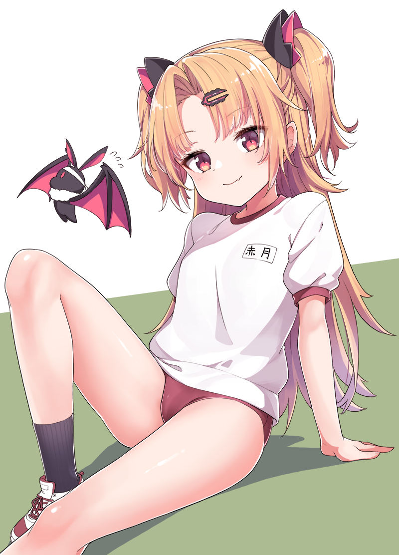 1girl akatsuki_yuni arm_support bangs bat black_legwear blonde_hair buruma commentary_request fang gym_uniform hair_ornament hairclip knee_up konnyaku_(kk-monmon) long_hair looking_at_viewer parted_bangs red_buruma red_eyes shirt shoes short_sleeves sitting smile sneakers socks solo thighs two_side_up uni_channel virtual_youtuber white_shirt