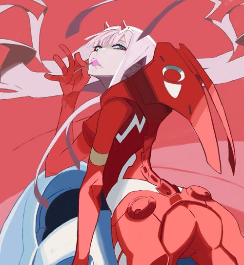 1girl ass blue_eyes bodysuit breasts candy cowboy_shot darling_in_the_franxx floating_hair food hairband horns lollipop long_hair looking_at_viewer looking_back medium_breasts pilot_suit pink_hair red_background simple_background skin_tight solo yuuki_(irodo_rhythm) zero_two_(darling_in_the_franxx)
