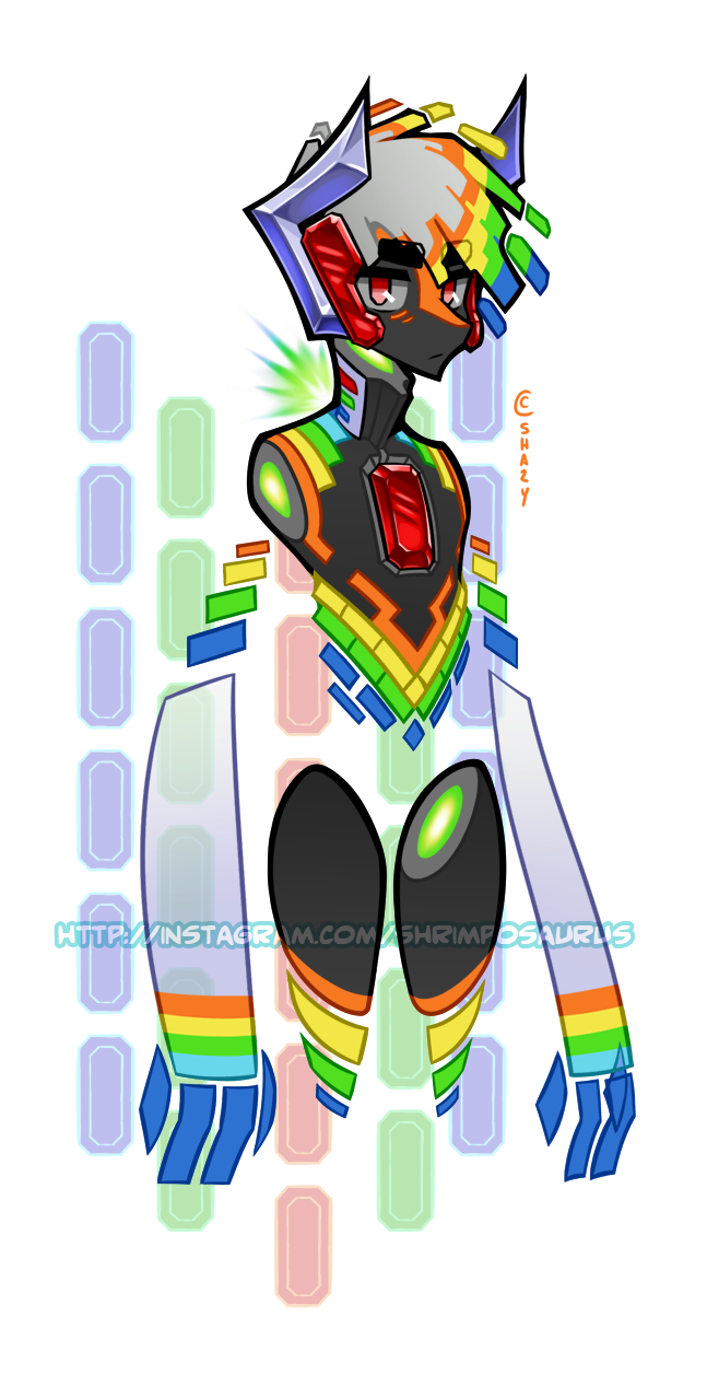 amiga_(computer) armor black_body black_skin blonde_hair blue_hair crystal_hammer green_hair grey_hair hair hi_res male multicolored_hair orange_hair rainbow_hair red_eyes shrimposaurus snout watermark