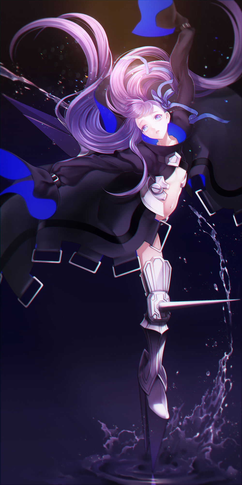 1girl armored_boots blue_eyes boots crotch_plate fate/extra fate/extra_ccc fate/grand_order fate_(series) floating_hair hair_down hair_ribbon highres itoda_(spica) long_hair meltryllis purple_hair ribbon sleeves_past_fingers sleeves_past_wrists solo very_long_hair water
