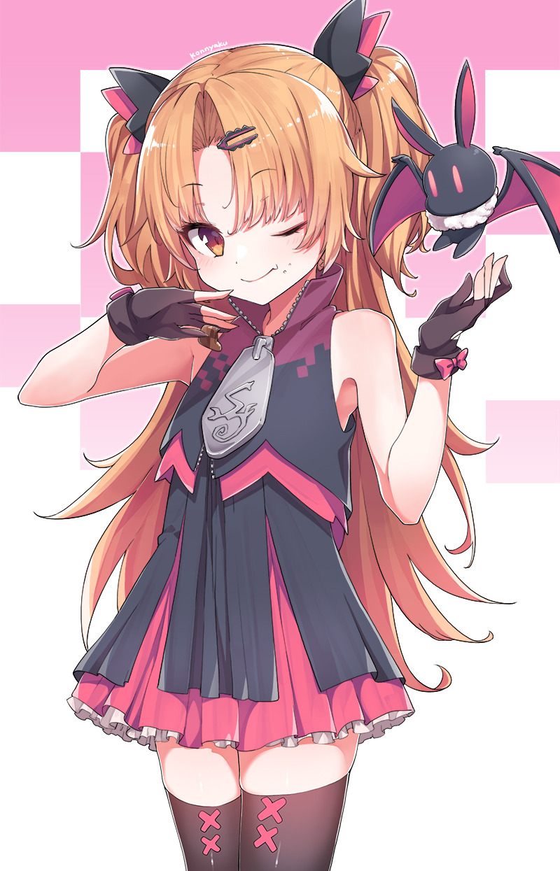 1girl akatsuki_yuni artist_name bangs bat black_gloves black_legwear blush bow dress eyebrows_visible_through_hair fang frilled_dress frills glove_bow gloves hair_ornament hair_ribbon hairclip highres konnyaku_(kk-monmon) long_hair one_eye_closed orange_hair parted_bangs partly_fingerless_gloves ribbon skin_fang sleeveless sleeveless_dress smile solo thighhighs two-tone_background two_side_up uni_channel virtual_youtuber zipper zipper_pull_tab