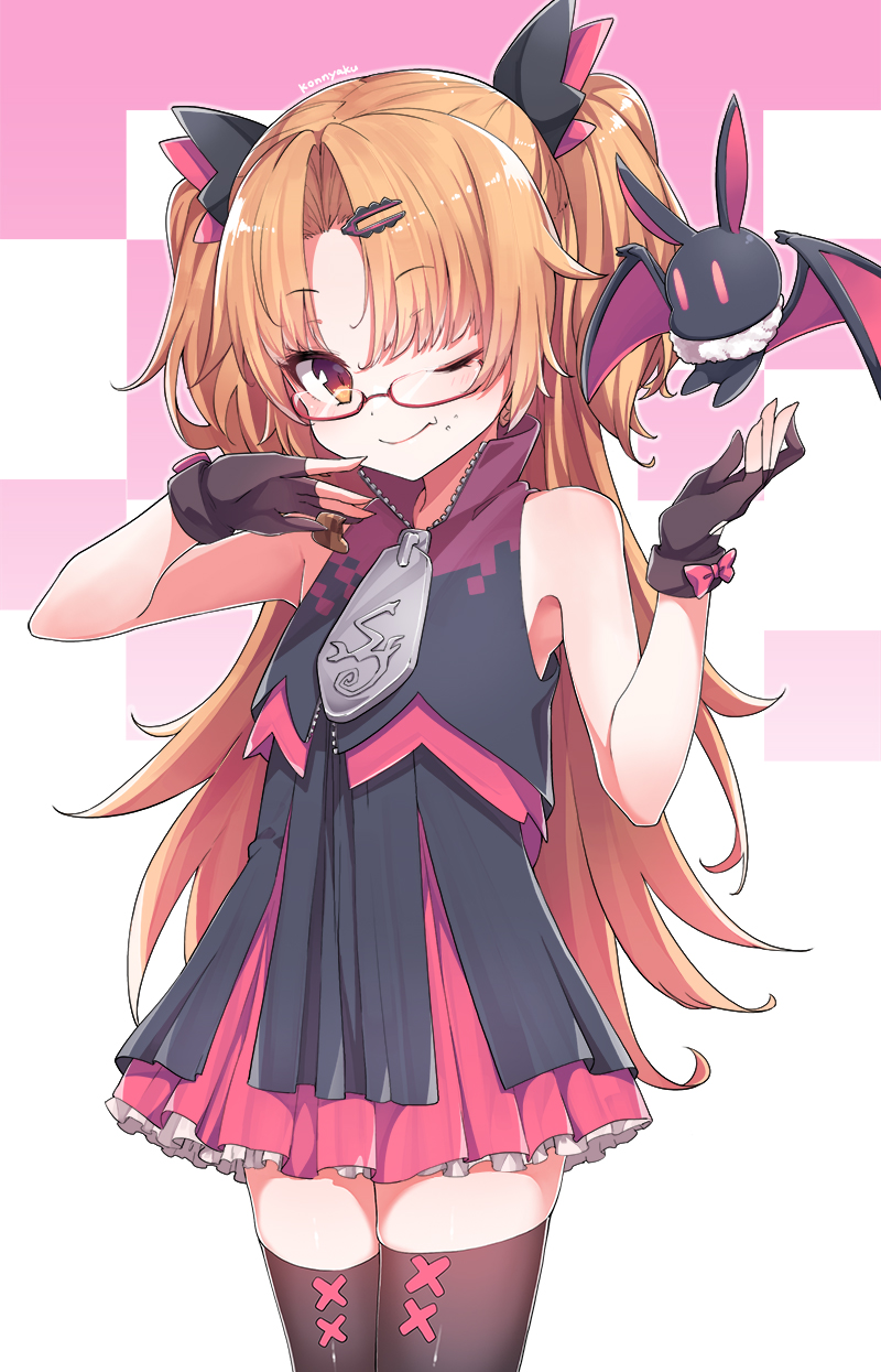 1girl akatsuki_yuni artist_name bangs bat black_gloves black_legwear blush bow dress eyebrows_visible_through_hair fang frilled_dress frills glasses glove_bow gloves hair_ornament hair_ribbon hairclip highres konnyaku_(kk-monmon) long_hair one_eye_closed orange_hair parted_bangs partly_fingerless_gloves red-framed_eyewear ribbon skin_fang sleeveless sleeveless_dress smile solo thighhighs two-tone_background two_side_up uni_channel virtual_youtuber zipper zipper_pull_tab