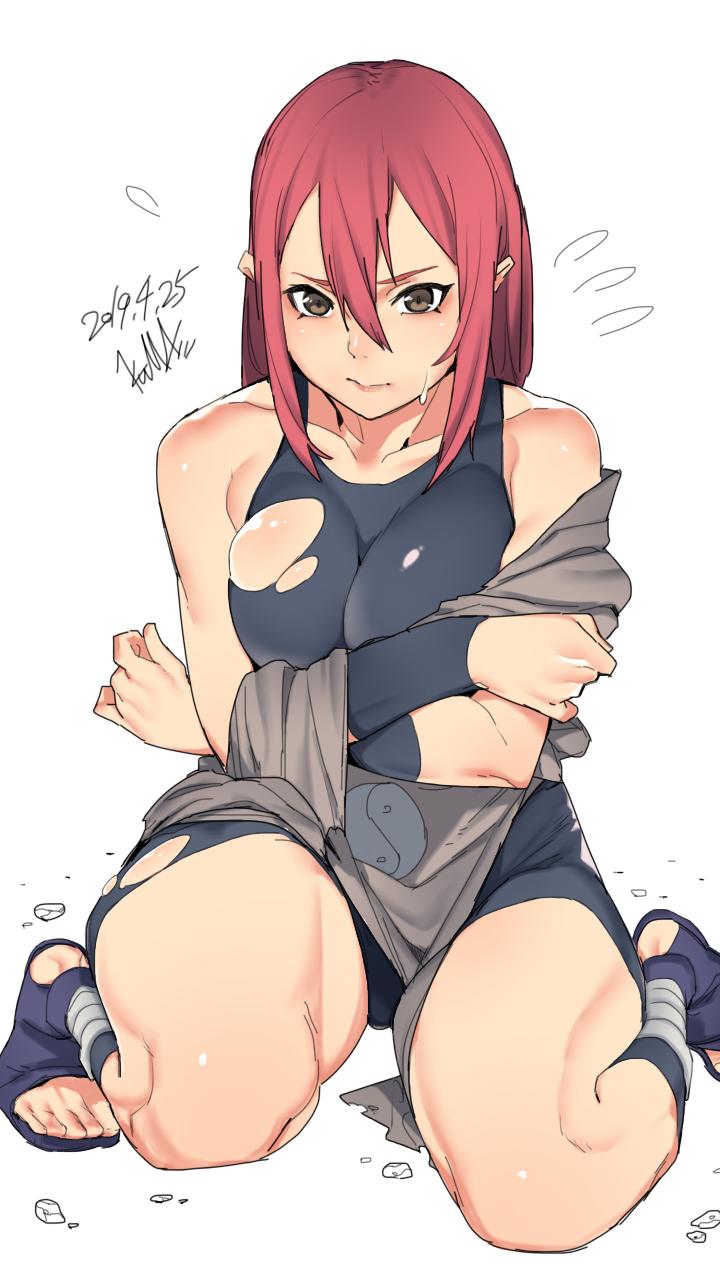 1girl bandaged_leg bandages bare_shoulders blush brown_eyes closed_mouth collarbone covering covering_breasts flying_sweatdrops hair_between_eyes highres kuma_(jk0073) long_hair naruto_(series) pebble red_hair rock shiny shiny_skin simple_background solo sweat sweatdrop tayuya tight torn_clothes torn_legwear white_background yin_yang