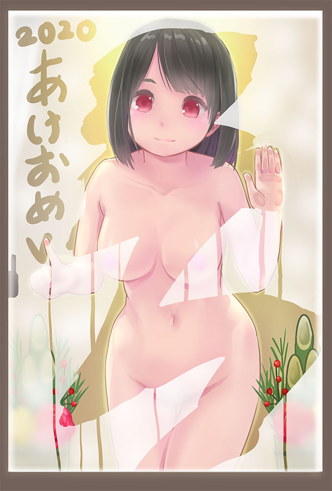 1girl 2020 bangs black_hair breasts censored commentary_request himeshaga large_breasts looking_at_viewer navel nude original red_eyes smile solo translation_request window