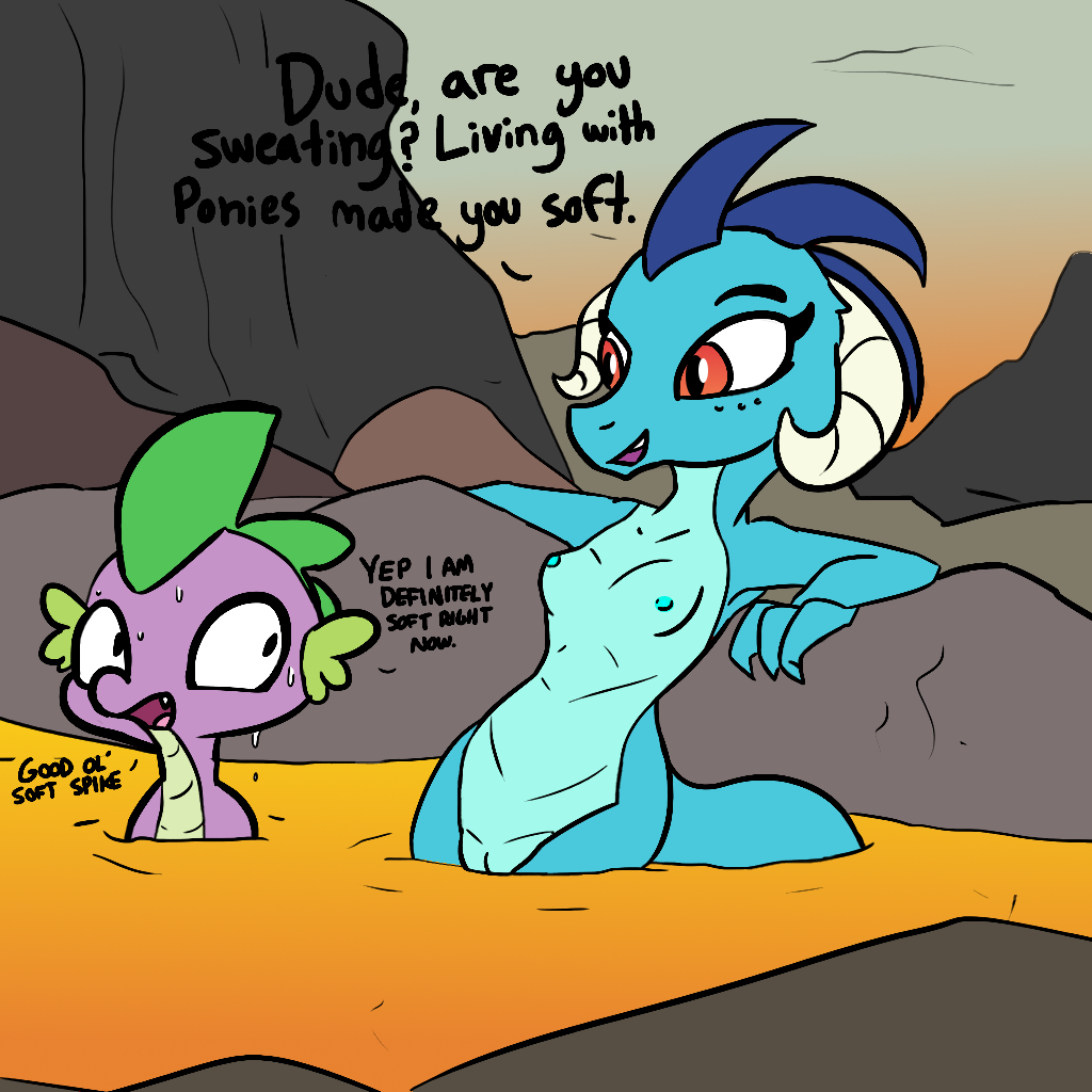 1:1 2019 bodily_fluids breasts dialogue dragon duo english_text female friendship_is_magic genitals horn male my_little_pony nipples non-mammal_breasts nude outside princess_ember_(mlp) pussy scalie smile spike_(mlp) sweat text tjpones