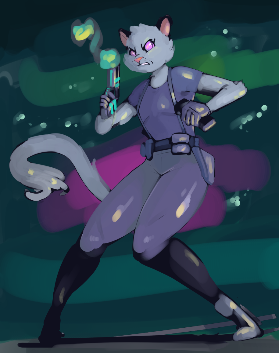 2019 5_fingers anthro clothed clothing domestic_cat felid feline felis female fingers flat_chested fully_clothed fur gloves grey_body grey_fur gun handwear holding_gun holding_object holding_weapon linnel_wolfcrone mammal overalls pose purple_eyes ranged_weapon slit_pupils smutbooru solo standing weapon