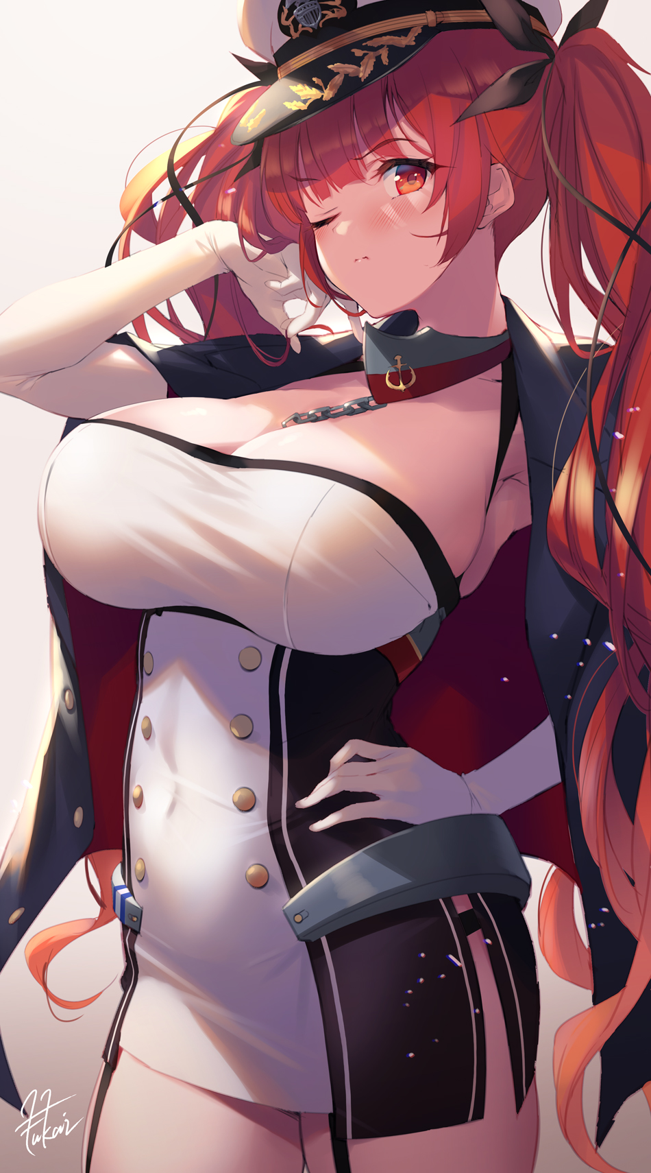 1girl azur_lane bangs black_jacket black_ribbon blush breasts buttons chain cleavage closed_mouth collar covered_navel dress elbow_gloves fukai_ryousuke gloves gradient gradient_background hair_ribbon hand_in_hair hand_on_hip hat highres honolulu_(azur_lane) jacket jacket_on_shoulders large_breasts long_hair looking_at_viewer metal_collar one_eye_closed peaked_cap red_eyes red_hair ribbon short_dress solo twintails white_gloves