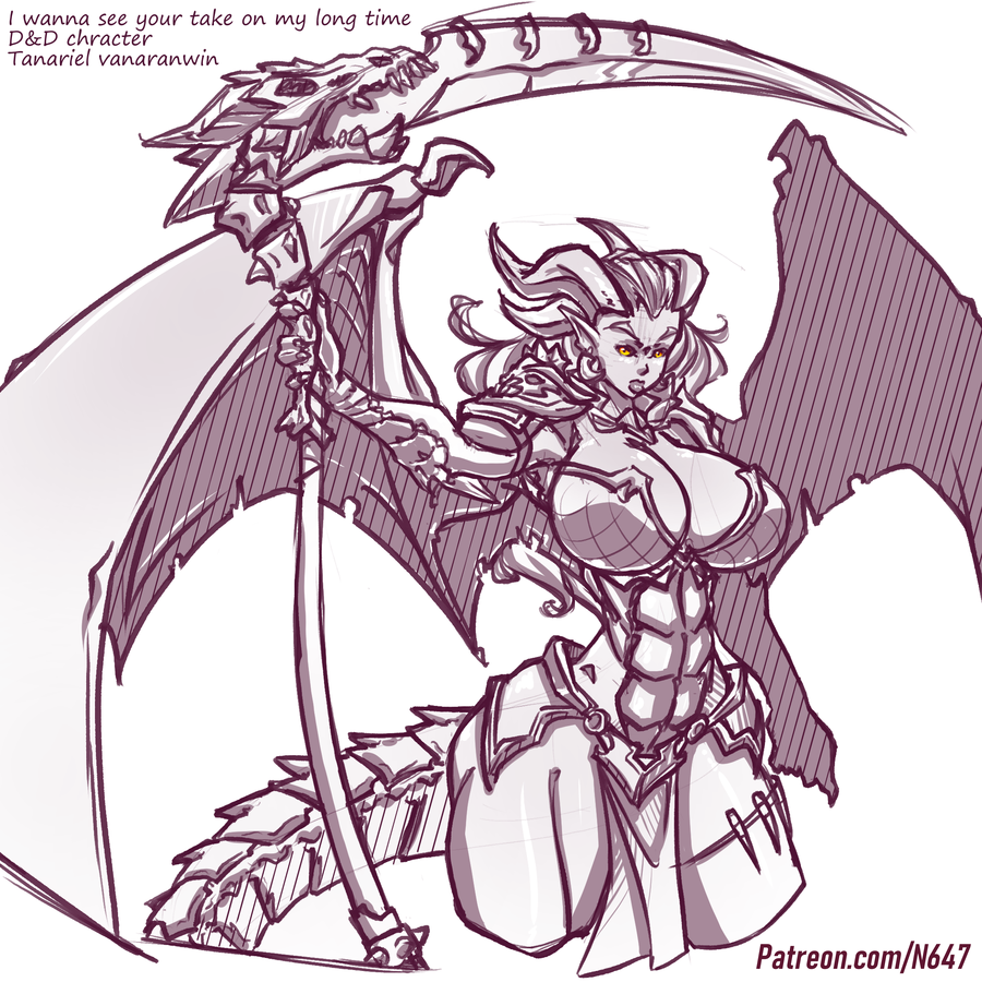 1:1 animal_humanoid armor big_breasts breasts cleavage clothed clothing dragon dragon_humanoid female humanoid loincloth melee_weapon n647 polearm scythe weapon