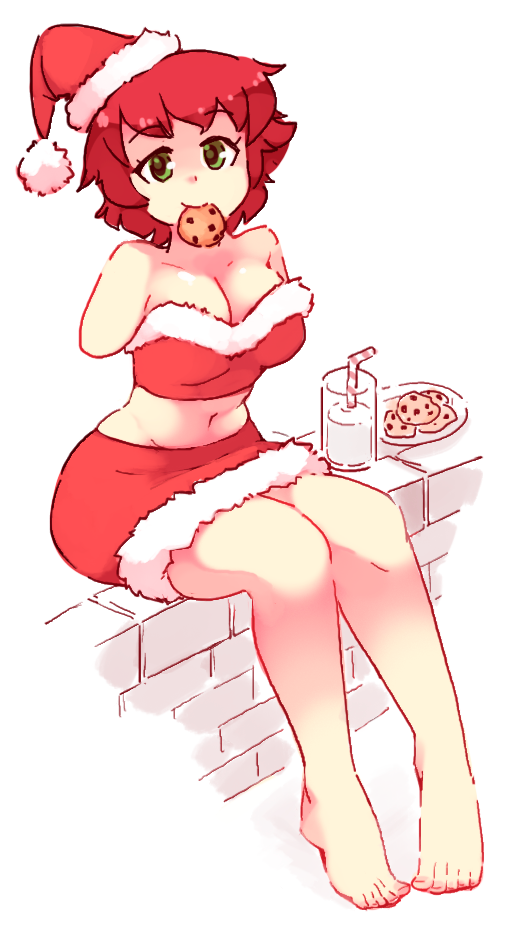 1girl amputee bangs bare_legs bare_shoulders barefoot breasts cleavage cookie cup double_amputee drinking_straw food fur_trim green_eyes katawa_shoujo large_breasts looking_at_viewer midriff milk mouth_hold navel no_arms plate red_hair red_skirt rtil santa_costume short_hair sitting sitting_on_wall skirt smile solo strapless tezuka_rin wall