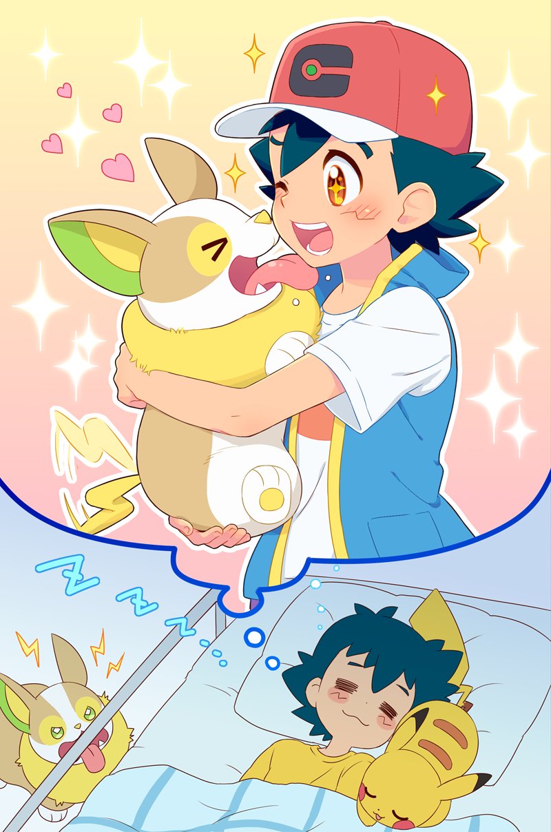 &gt;_&lt; ... 1boy angry baseball_cap bed bed_sheet bedroom black_hair blanket blue_vest blush closed_eyes dreaming gen_1_pokemon gen_8_pokemon hat heat highres holding_another licking okaohito1 pikachu pillow pokemon pokemon_(anime) pokemon_(creature) pokemon_swsh_(anime) satoshi_(pokemon) shirt sleeping sparkle sparkling_eyes spiked_hair tail_wagging thought_bubble vest white_shirt yamper zzz |3