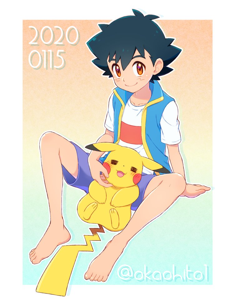 1boy artist_name barefoot black_hair blue_vest blush brown_eyes caress chin_stroking collarbone dated hand_on_ground looking_at_viewer okaohito1 pikachu pokemon pokemon_(anime) pokemon_(creature) pokemon_swsh_(anime) purple_shorts satoshi_(pokemon) shirt short_sleeves shorts sitting smile spiked_hair spread_legs twitter_username vest white_shirt