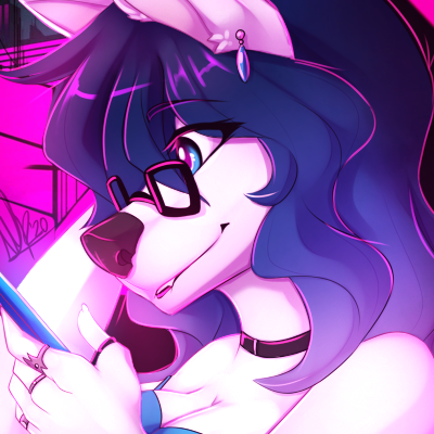 1:1 anthro black_nose blue_hair canid canine clothed clothing digital_media_(artwork) ear_piercing ear_ring eyewear female glasses hair icon low_res mammal piercing solo wolflady