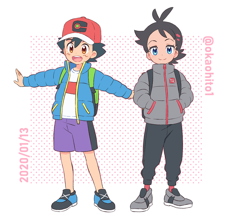 2boys artist_name baseball_cap black_hair black_pants blue_eyes blue_footwear blue_jacket brown_backpack brown_eyes commentary_request dark_skin dark_skinned_male dated gou_(pokemon) green_backpack grey_footwear grey_jacket hand_in_pocket hat jacket multiple_boys okaohito1 open_mouth pants pocket pokemon pokemon_(anime) pokemon_swsh_(anime) purple_shorts red_legwear satoshi_(pokemon) shirt shoelaces shoes shorts smile sneakers socks spiked_hair twitter_username upper_teeth white_shirt winter_clothes zipper