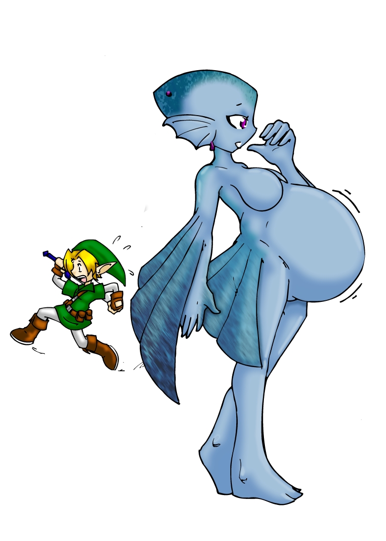 belly big_belly blue_body breasts duo female humanoid link marine nintendo nude ocarina_of_time pregnant princess_ruto saburox simple_background the_legend_of_zelda video_games white_background zora