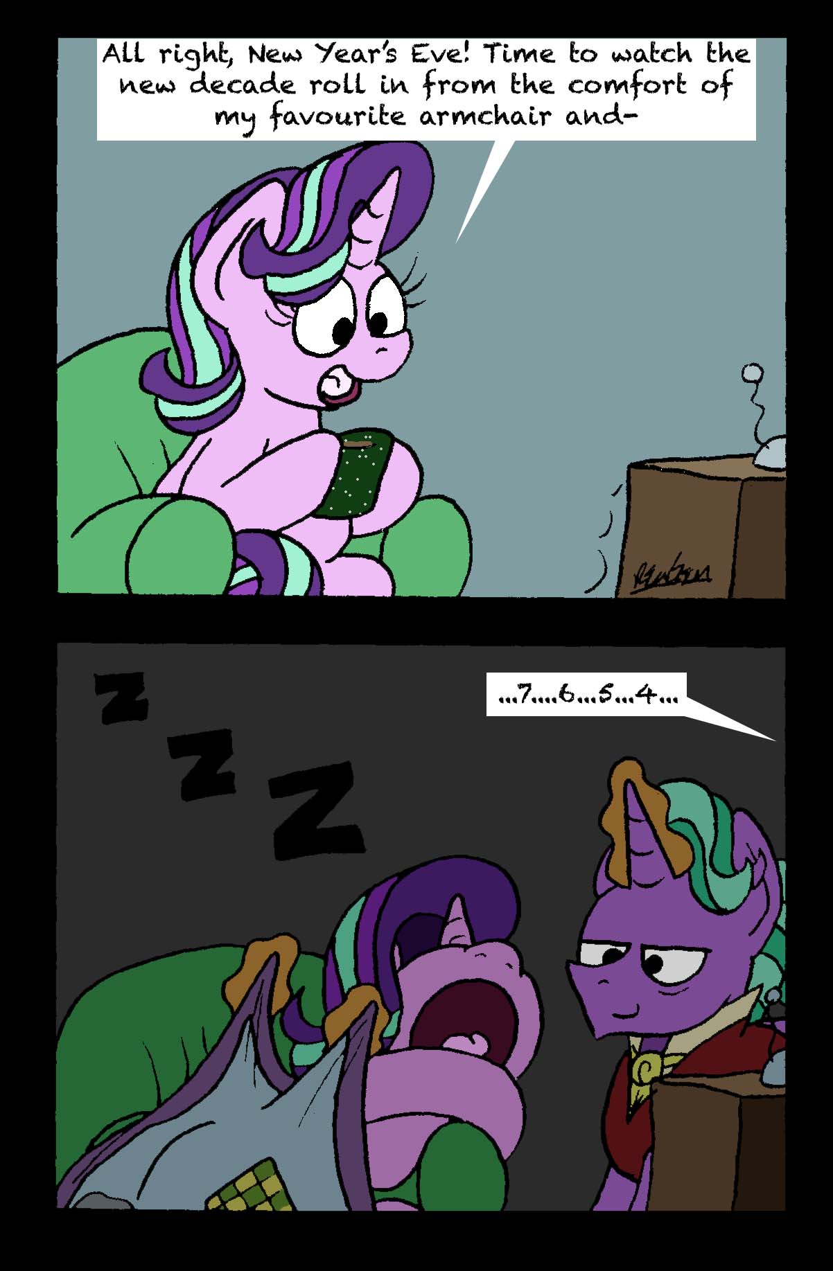 2019 bedding blanket bobthedalek daughter equid father father_and_child father_and_daughter firelight_(mlp) friendship_is_magic hi_res horn mammal my_little_pony parent parent_and_child sleeping sound_effects starlight_glimmer_(mlp) television unicorn zzz