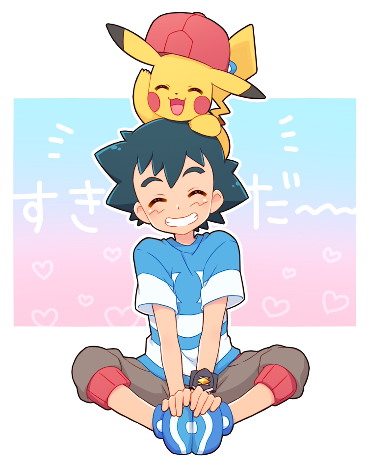 baseball_cap black_hair blue_footwear blue_shirt blush brown_shorts closed_eyes gen_1_pokemon grin hand_on_feet happy hat hat_removed headwear_removed heart indian_style okaohito1 pikachu pokemon pokemon_(anime) pokemon_(creature) pokemon_on_head pokemon_sm_(anime) satoshi_(pokemon) shirt short_sleeves shorts sitting smile spiked_hair striped striped_shirt translation_request z-ring