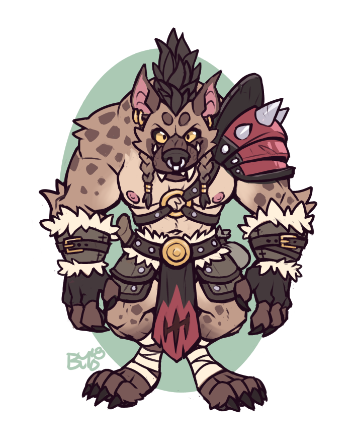 anthro armor buyobutt digitigrade gnoll hyaenid looking_at_viewer male mammal piercing solo