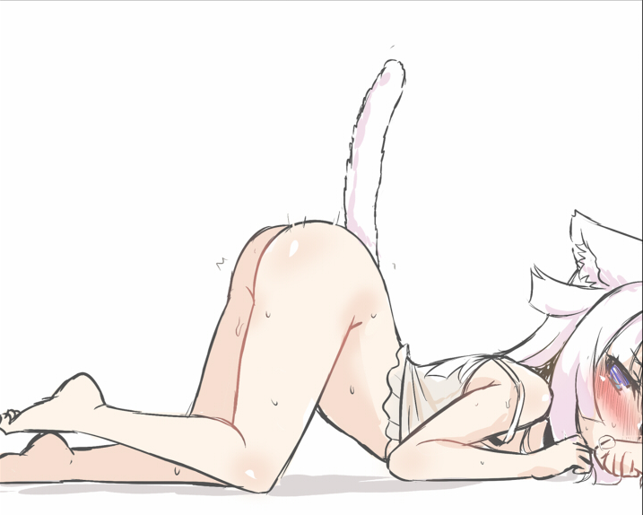 1girl all_fours animal_ear_fluff animal_ears artist_request ass barefoot blue_eyes blush bottomless camisole cat_ears cat_tail covering_mouth from_side in_heat legs looking_at_viewer original presenting see-through simple_background solo strap_slip tail thighs top-down_bottom-up white_background white_hair