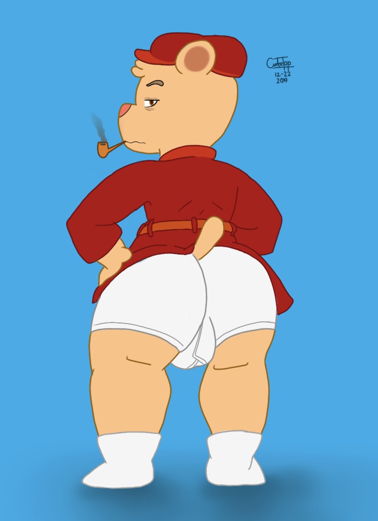 2019 annoyed anthro bulge butt cake_top clothing hands_on_hips happy_tree_friends looking_at_viewer male mammal pipe pop_(htf) robe simple_background slightly_chubby solo underwear