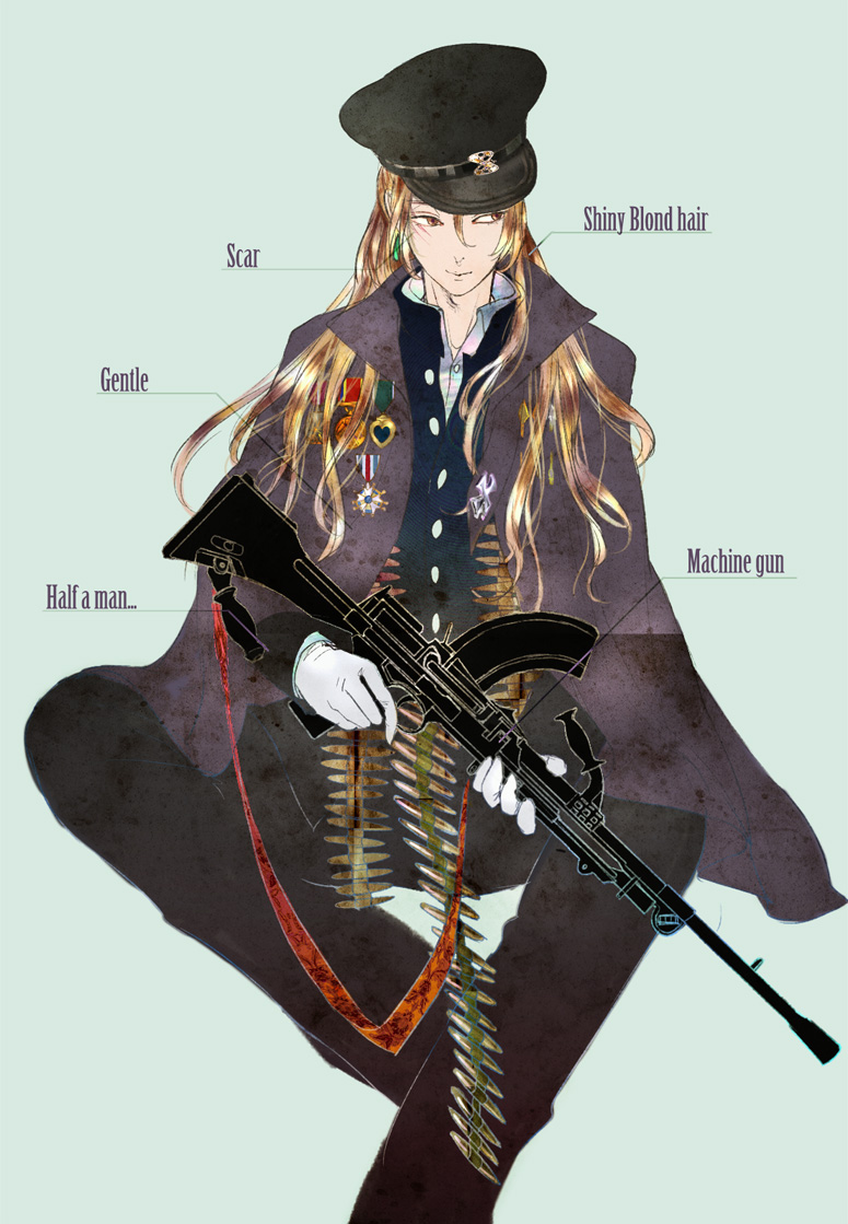 1boy black_cape black_headwear black_jacket black_pants blue_background brown_eyes brown_hair bullet buttons cape closed_mouth collar collared_cape collared_jacket collared_shirt earrings english_text gloves gun hat holding holding_gun holding_weapon jacket jewelry long_hair long_sleeves looking_to_the_side male_focus medal micho military military_hat military_uniform open_clothes open_collar original pants rifle scar shirt simple_background sitting solo uniform weapon white_gloves white_shirt
